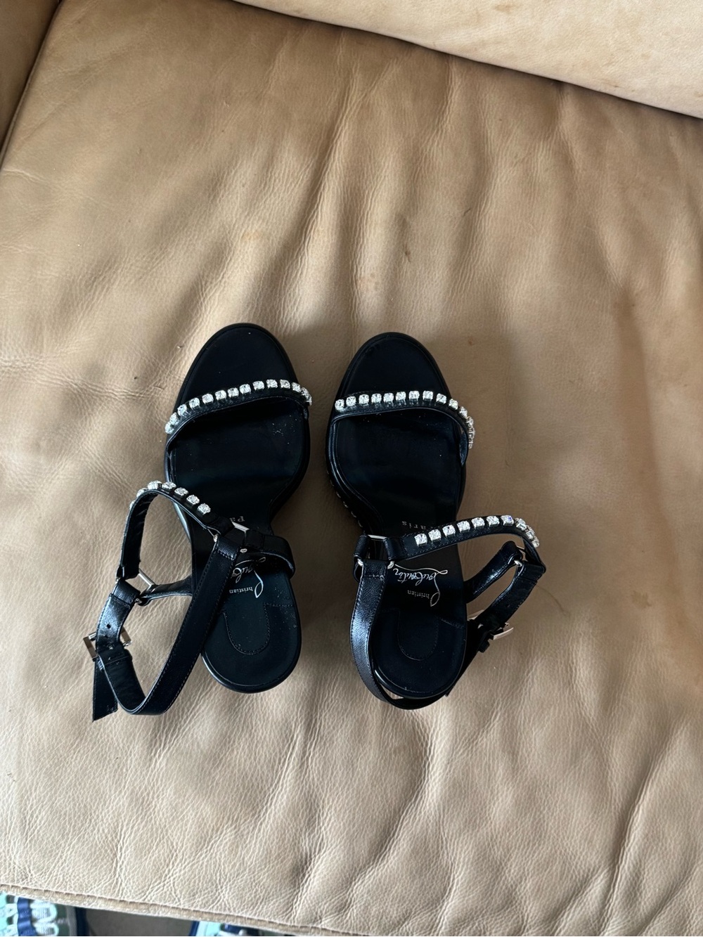 Christian Louboutin Black Leather Sandals with Crystal Trim - Picture 4 of 10